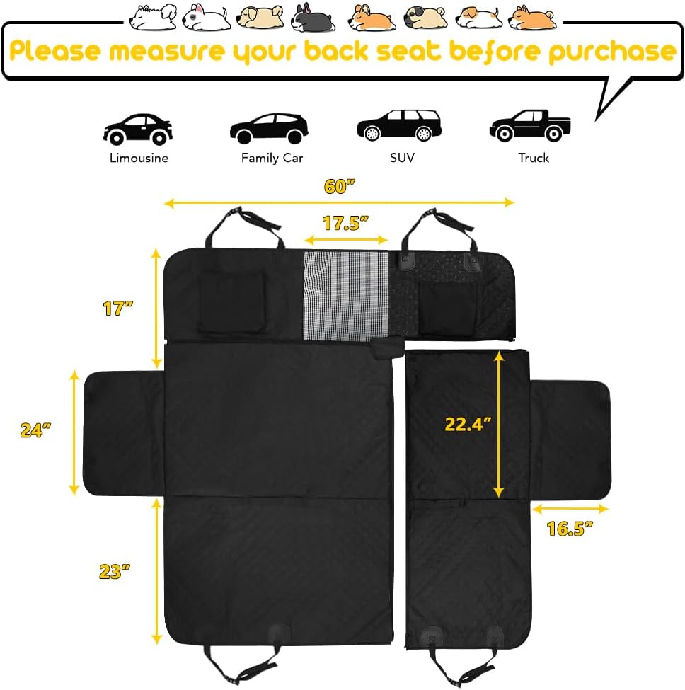Vailge 6 in 1 Car Seat Cover for Back Seat, 60/40 Split, 100% Waterproof with Mesh Window, Scratch Prevent Anti-Slip Dog Hammock, Large